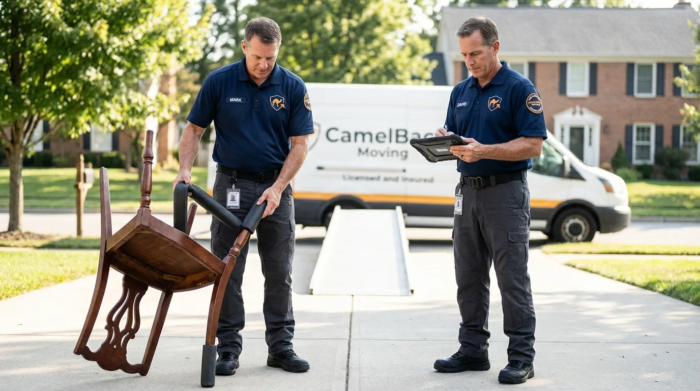 Movers inspecting furniture for damage prevention before loading in Evans City, PA