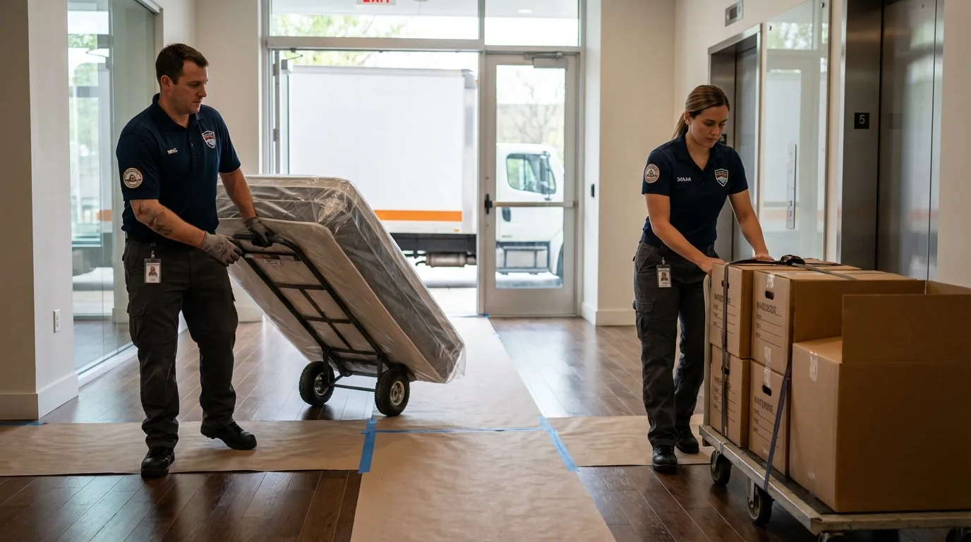 Professional apartment movers loading elevator in Evans City, PA