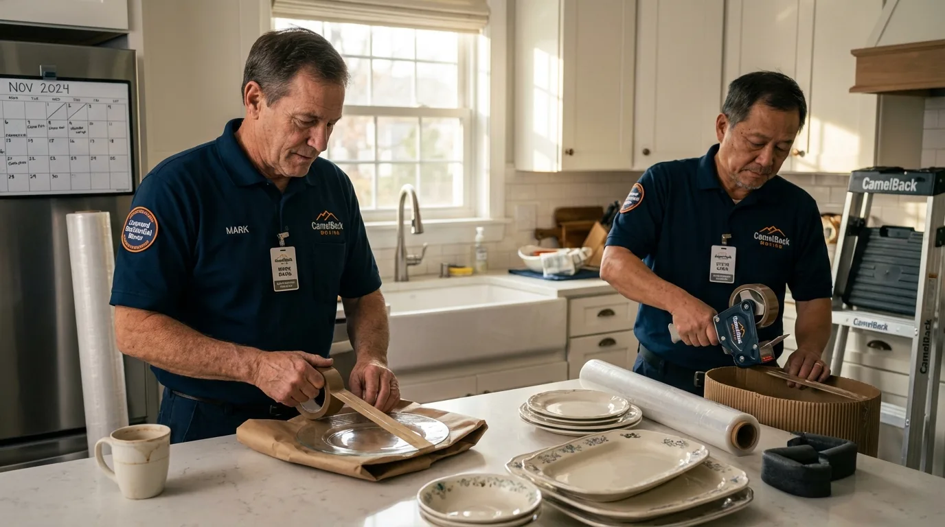 Professional crew packing kitchen dishware in Evans City, PA