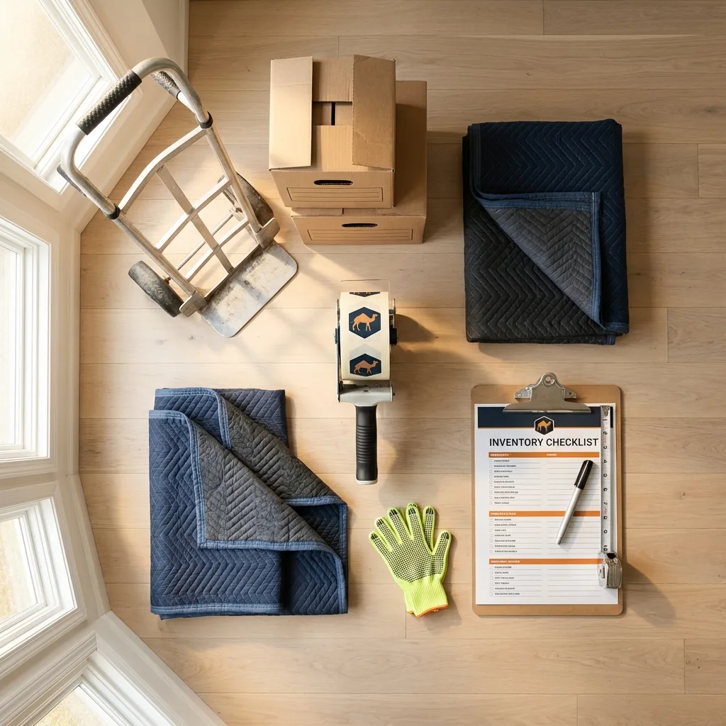 Professional moving supplies and packing materials layout for Evans City residential relocations